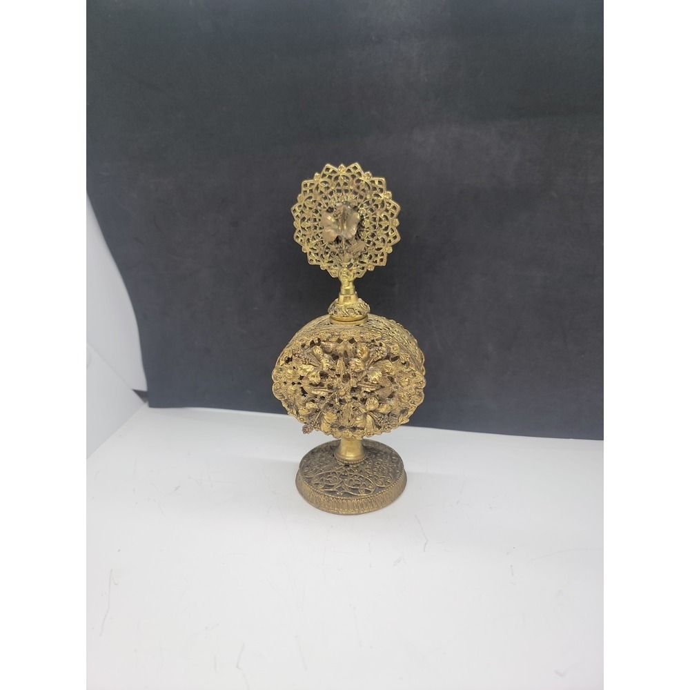 Vintage Globe 24K Gold Plated Ornate Hibiscus Design Perfume Bottle Dabber 1950s